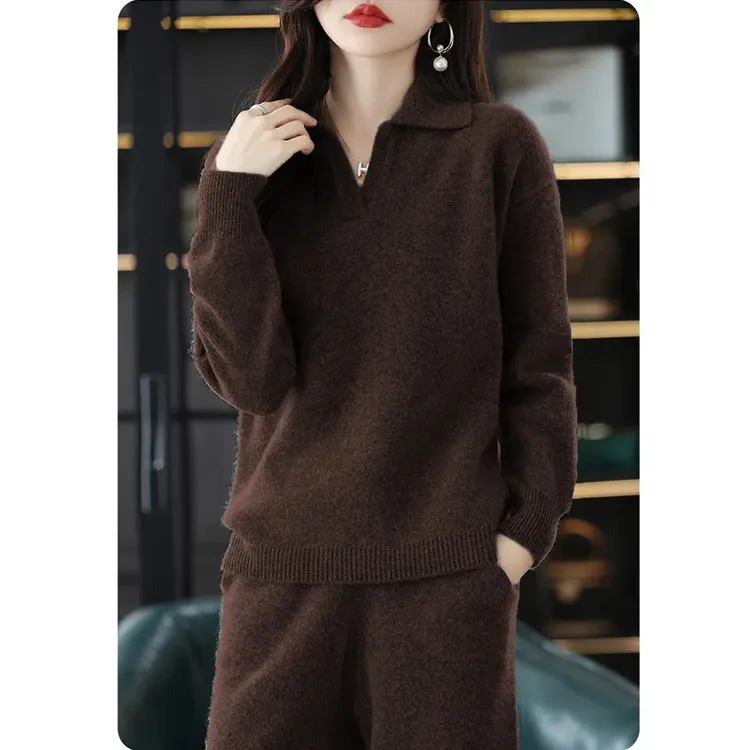 早秋新款女装盐系炸街高级感通勤polo领长袖T恤阔腿裤套装两件套