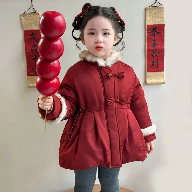 秋冬红色棉服冬季儿童女宝宝加绒加厚复古国风拜年服小童洋气棉袄