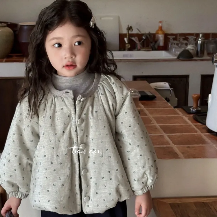 女童2025新款碎花保暖棉服冬季时尚新款女宝宝棉袄圆领夹棉外套