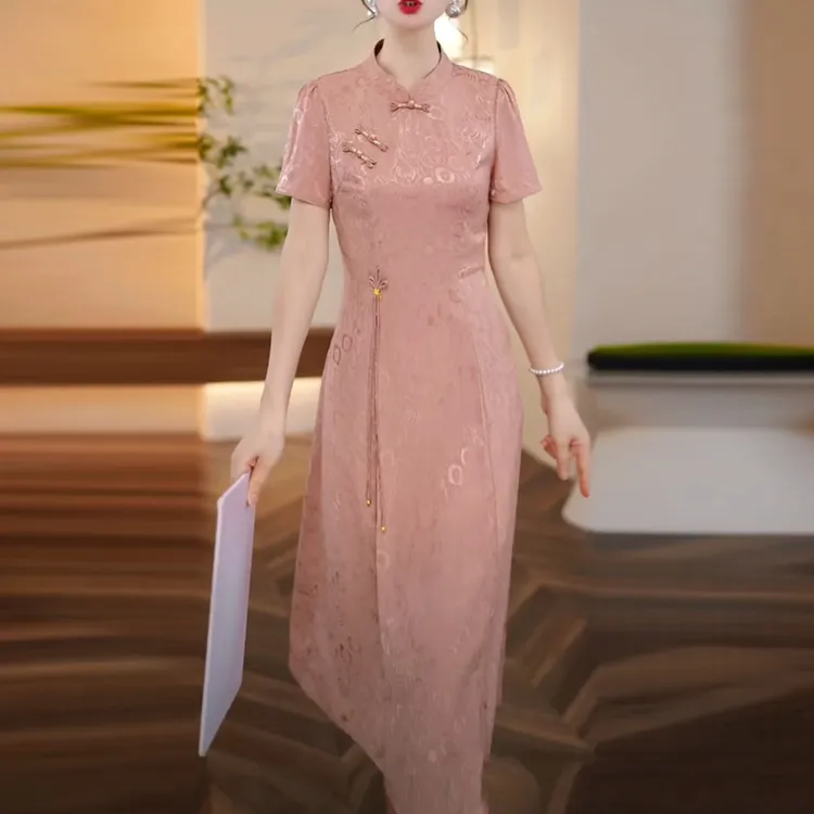 花萝缎新中式复古旗袍2025夏季新款优雅复古盘扣端庄时尚连衣裙子