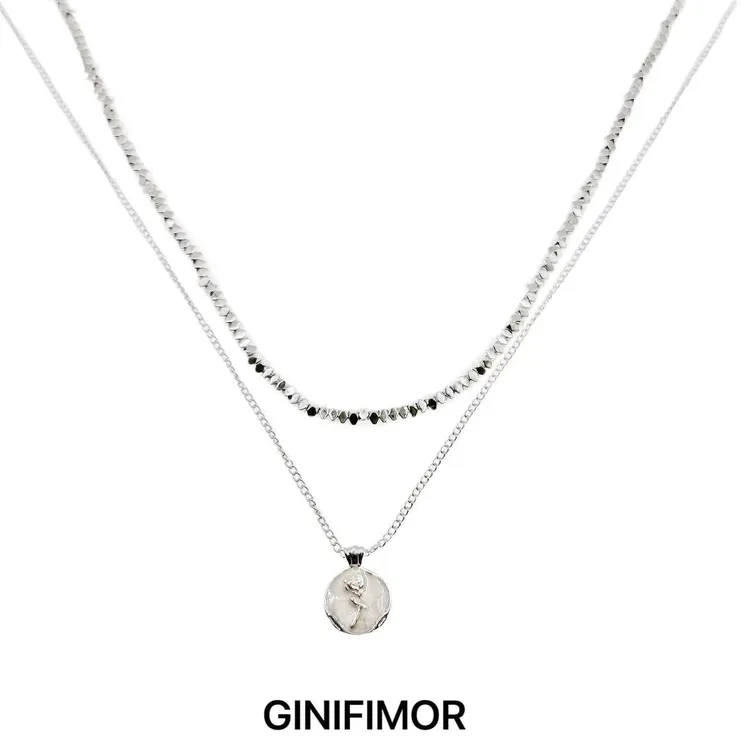 GINIFIMOR 铜合金项链 a691 双层玫瑰花碎银子叠戴百搭颈链锁骨链
