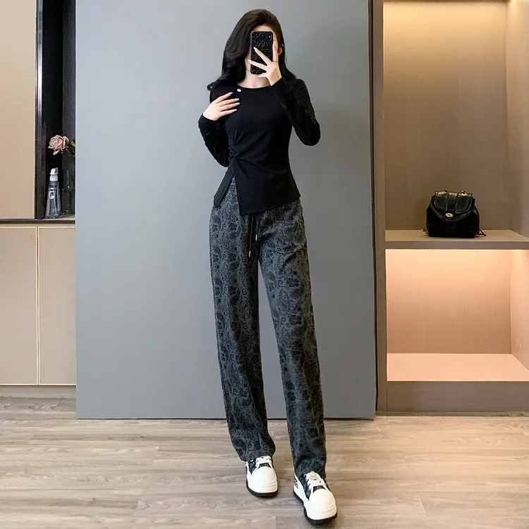 时尚简约套装女秋季新款收腰显瘦圆领开叉长袖上衣阔腿长裤两件套