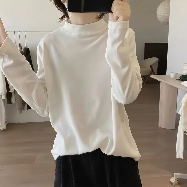 白色半高领秋冬打底衫女德绒长袖t恤宽松显瘦时尚洋气减龄上衣潮