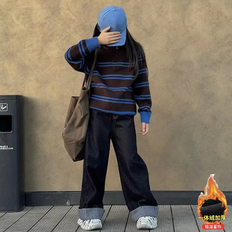 女童冬季新款韩系条纹半拉链毛衣洋气翻边加绒牛仔裤两件套