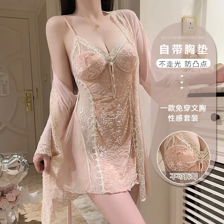 蕾丝边夏季透气烧花薄款性感睡裙小胸免穿可爱风Y3K蕾丝睡裙显瘦