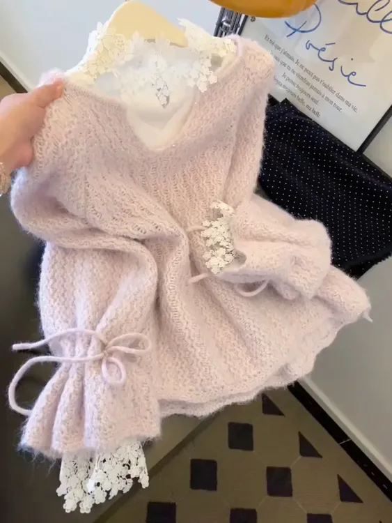 2025年秋冬季新款韩系气质时髦长袖粉色针织衫上衣女别致独特