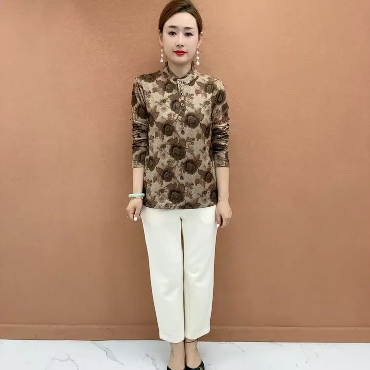 秋季立领碎花气质中老年女装打底衫洋气复古印花内搭妈妈装