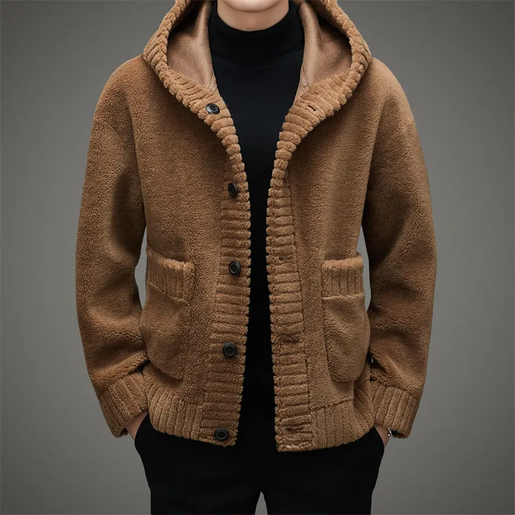 冬季新款棉羊毛连帽颗粒绒百搭纯色加厚保暖男士外套