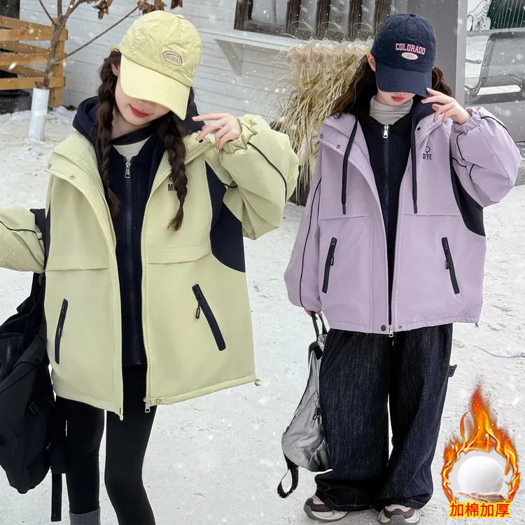 女童加厚冲锋衣秋冬新款中大童加绒假两件连帽棉衣初中生网红冬装