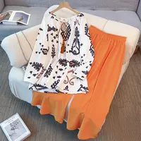 【10044】130-350斤大码女装胖mm时尚印花衬衫高腰阔腿裤套装秋新款