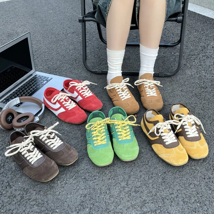 真皮复古红色德训鞋女内增高2025春夏新款德讯平底休闲运动阿甘鞋