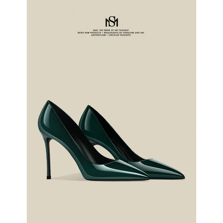 【漆皮】墨绿色高跟鞋女细跟尖头浅口漆皮2025新款性感职业工作单鞋