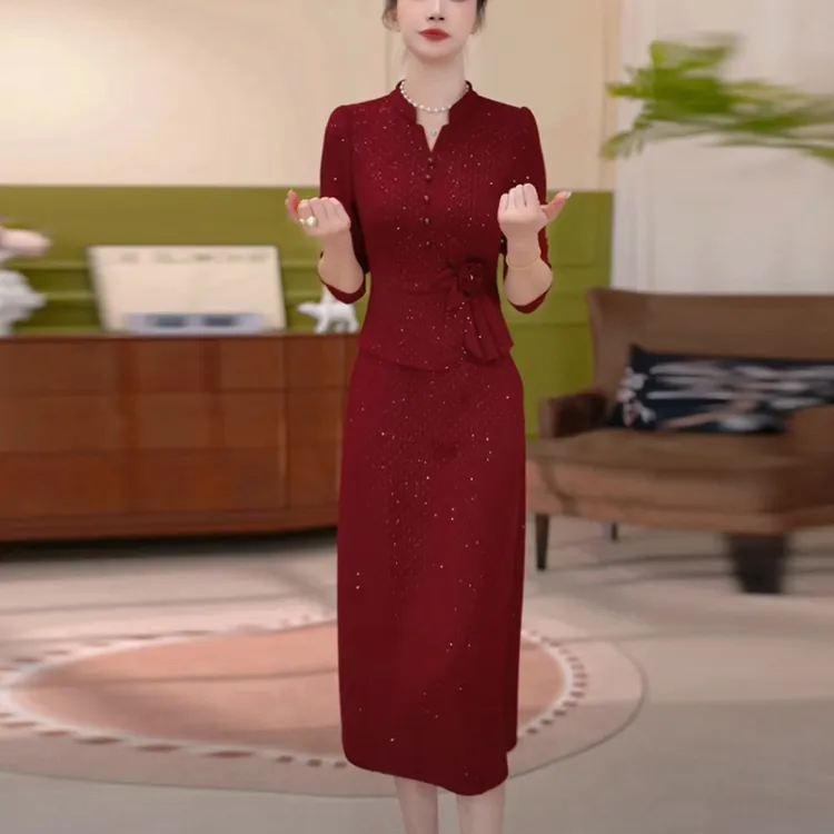 华夫格精纺优雅高贵女装2025秋季新款红色显瘦气质假两件连衣裙子