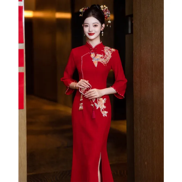哥弟阿玛施正品敬酒服新娘高级感红色结婚鱼尾旗袍订婚礼服新中式