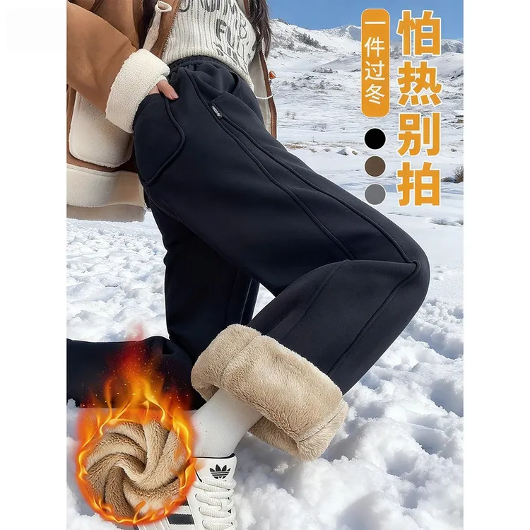 冬季加厚加绒裤子女外穿羊羔绒运动裤2025新款一体绒东北保暖棉裤