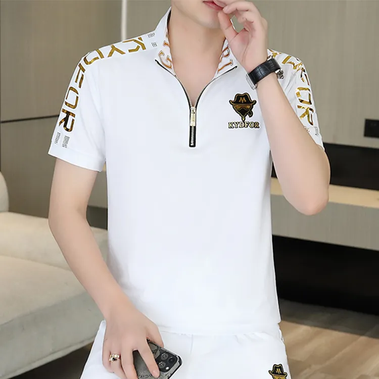 夏季新款时尚休闲运动套装男潮牌半拉链短袖POLO衫透气搭配一套