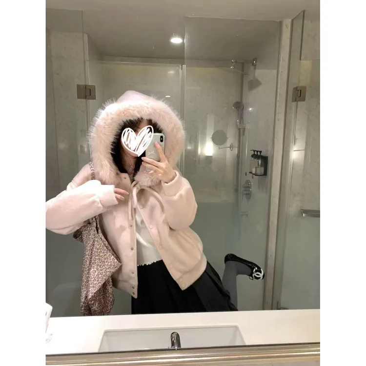 女加绒短外套单排扣斗篷冬季厚款连帽开衫外套保暖