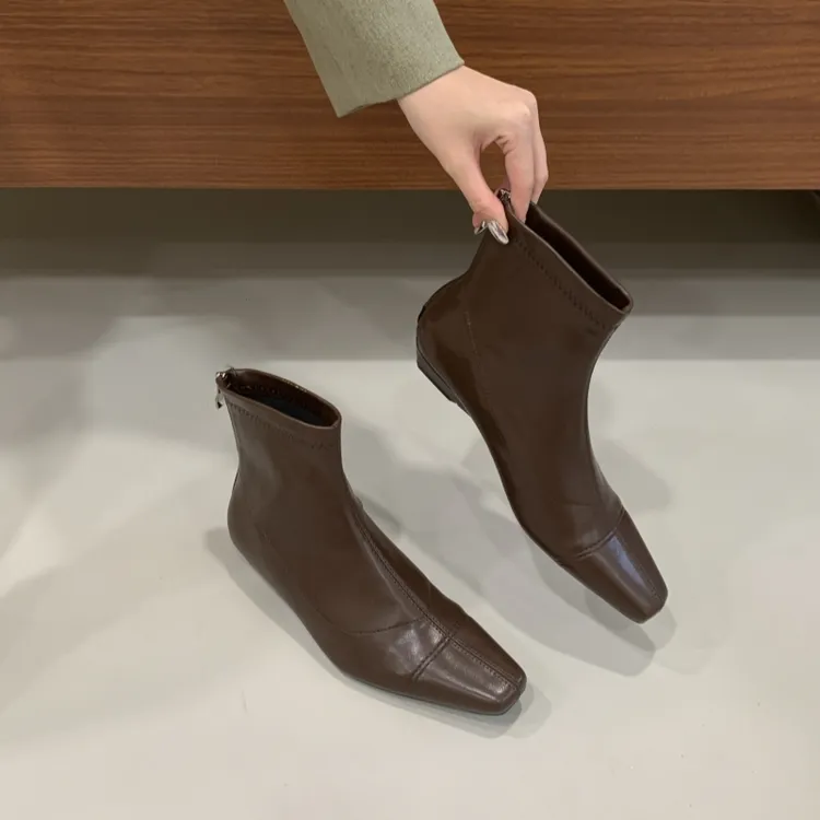 韩版气质方头粗跟后拉链瘦瘦短靴女秋冬新款褶皱复古通勤时装靴子