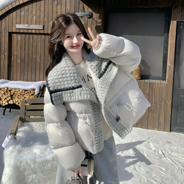 韩系针织拼接大翻领短款羽绒服女2025冬季新款设计感90白鸭绒外套
