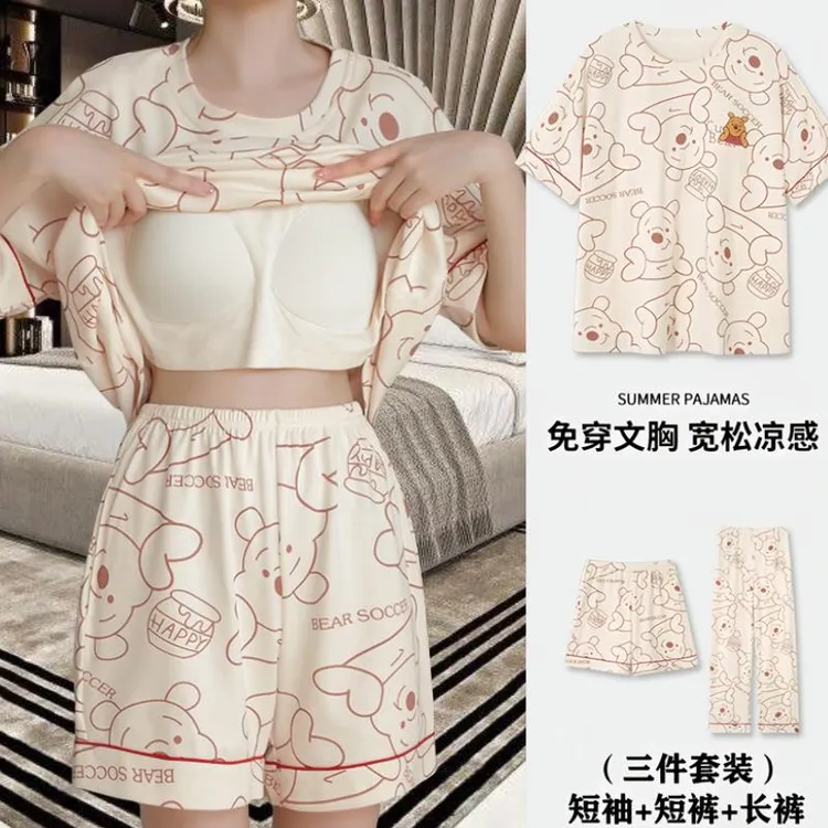 【三件套】新款2025带胸垫睡衣女夏季印花出门款凉感可外出家居服