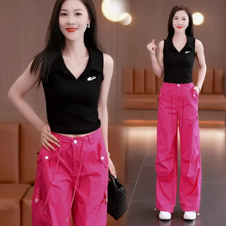 玫红色美式工装裤套装女2025春秋薄款抽绳休闲直筒阔腿纯棉伞兵裤