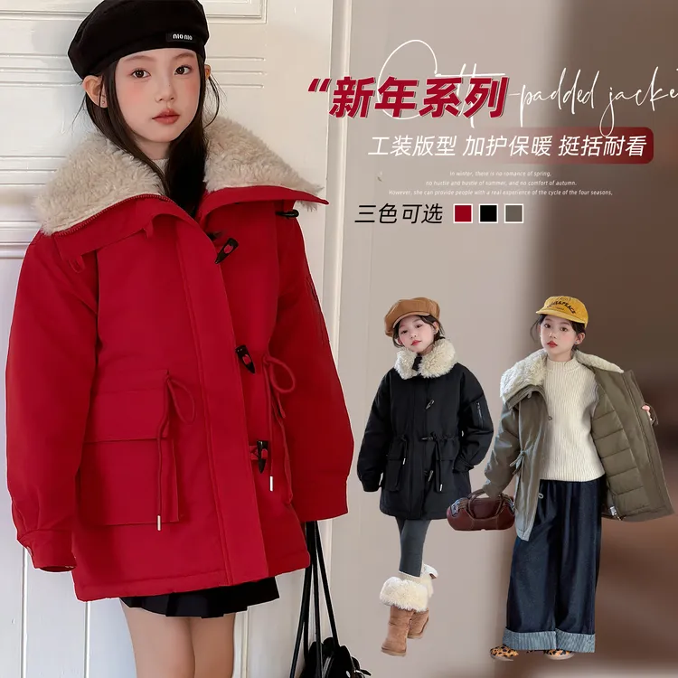 女童红色派克服棉服冬季2025新款儿童冬装加厚年服女大童新年外套