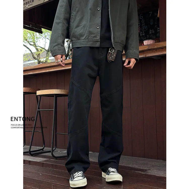Entong美式cleanfit黑色牛仔裤男款宽松解构直筒裤子冬季加绒长裤