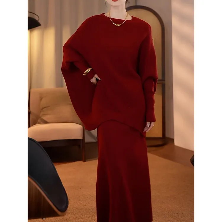 气质优雅高级感针织裙套装2025冬季新款宽松遮肉慵懒毛衣+半身裙