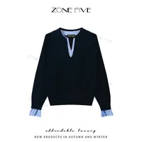 【zonefive】韩系针织衫假两件上衣气质衬衫拼接设计感V领上衣Q1203
