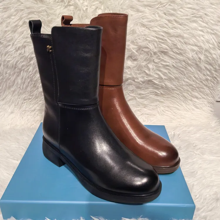 圆头秋冬法式牛皮平底软底侧拉链高筒靴加绒