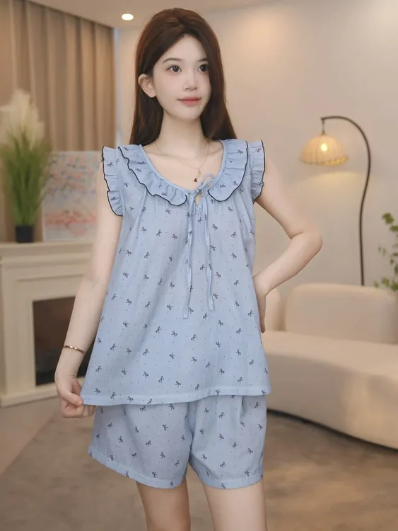 板栗小姐【铃结】2025新款女夏季纯棉精梳棉睡衣套装可外穿