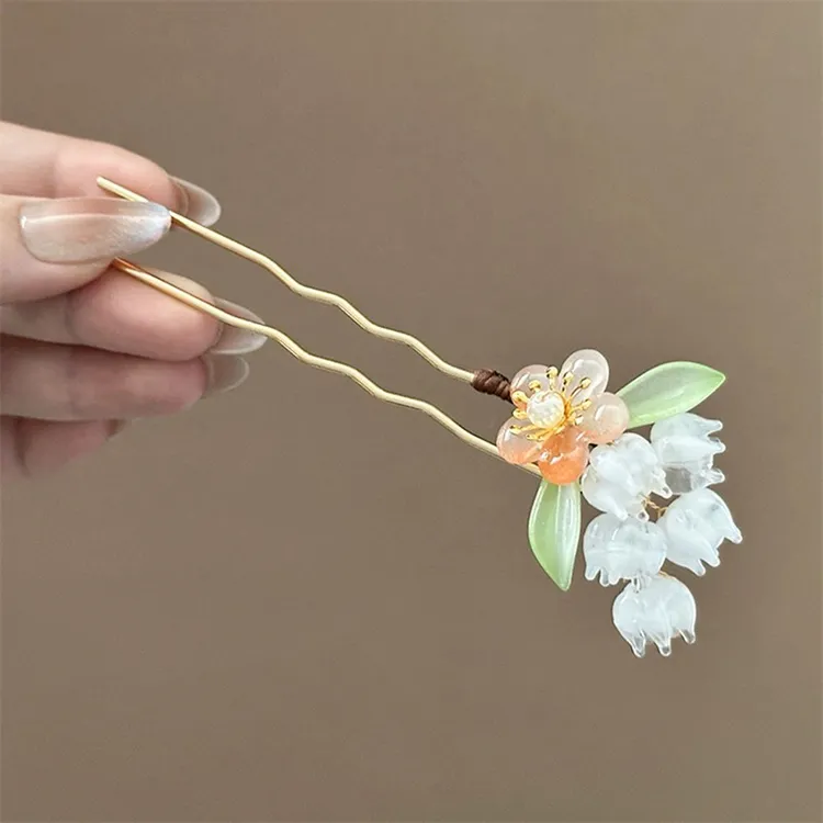甜美古风U型发簪新中式琉璃花朵发钗气质旗袍汉服配饰挽发簪子