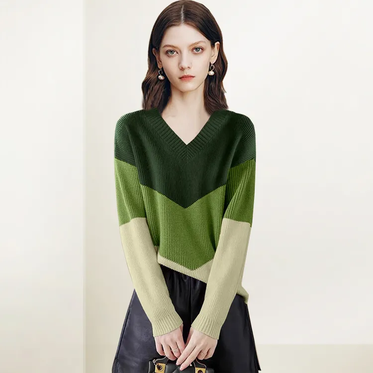 QOOEL时尚撞色V领针织衫女2025年秋冬新款休闲百搭洋气设计感毛衣