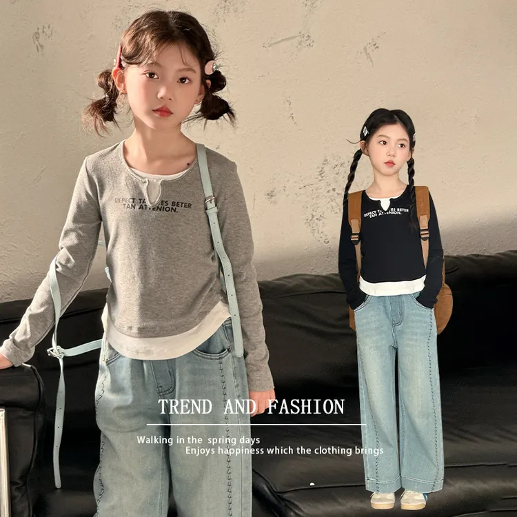 女童假两件短款长袖T牛仔套装2025春季中大童韩版女孩拼接两件套