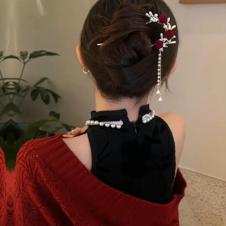n新中式红色玫瑰花流苏发簪古风U型簪子新娘敬酒服发钗高级感发饰