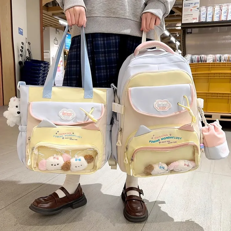 可爱猫咪小清新初中生大容量书包女高中小学生双肩包学院少女痛包