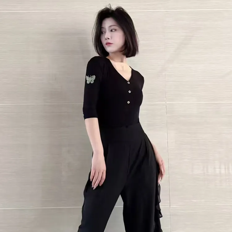 YHA品牌新款摩登舞连体蝴蝶钻花中袖舞蹈服女款2025款网红款