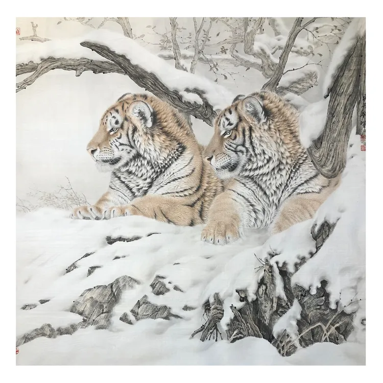 中国动物装饰画 曲阜鸿儒书画院理事会会长 刘诚 雪地卧虎