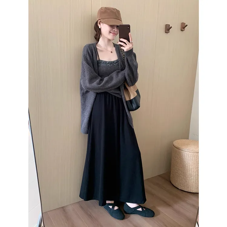 设计感2025秋新款简约纯色宽松百搭蕾丝背心开衫半身裙三件套女