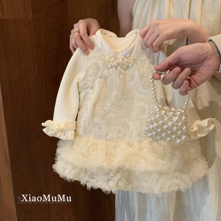 小沐沐女童国风连衣裙冬2025新款周岁礼服小童公主裙女宝宝背心裙