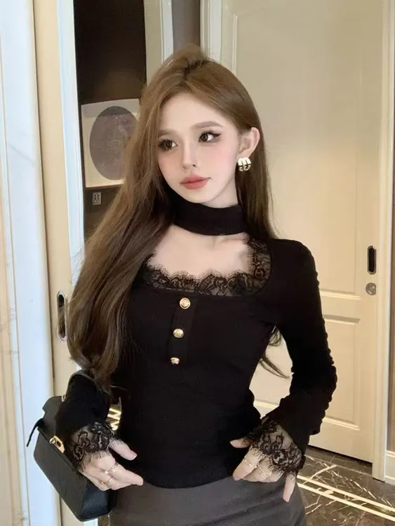 抓绒方领拼接洋气蕾丝气质秋冬黑色长袖打底衫上衣