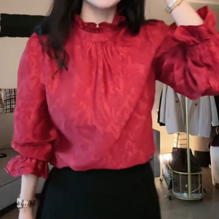 高级感木耳边立领衬衫女2025冬季新款宽松显瘦休闲百搭减龄上衣潮