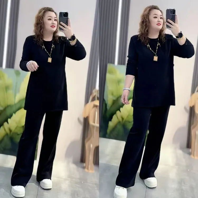 3743（丹姐家）正肩长袖雪尼尔套装遮肚打底衫开叉上衣+裤子两件套