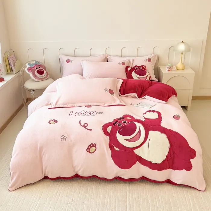 牛奶绒加厚床品套件冬季加厚水洗棉三四件套亲子加绒刺绣床上用品