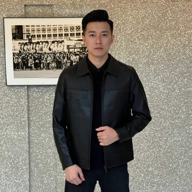 小杰/L-jie 男士秋冬新款翻领百搭时尚皮衣夹克外套（0008）