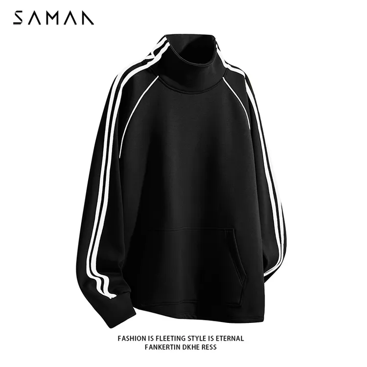 秋冬长袖拼接三条杠保暖磨毛宽松潮圆领大码男士上衣户外休闲卫衣