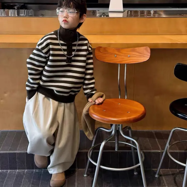 不起球冬季新款韩版男童条纹加绒加厚保暖高领毛衣儿童上衣潮