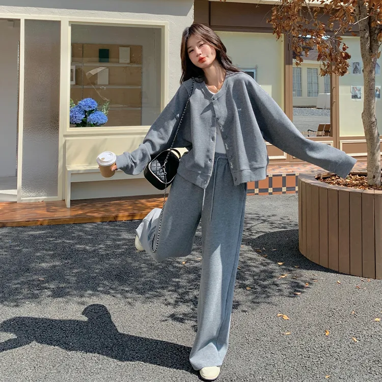 灰色休闲棒球服套装春秋女2025新款小个子宽松显瘦阔腿裤两件套潮