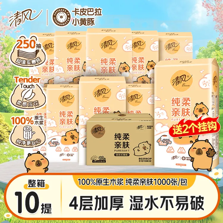 【整箱10提】清风挂抽卡皮巴拉抽纸整箱悬挂式4层加厚250抽卫生纸巾