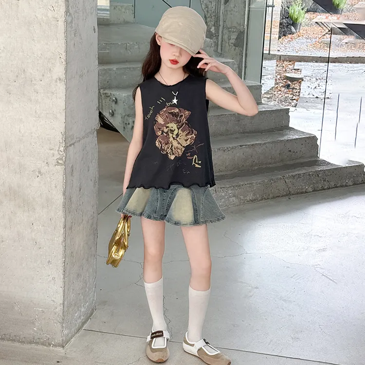 女童无袖背心半身裙套装潮酷炸街6-12岁中大童女孩时尚穿搭两件套